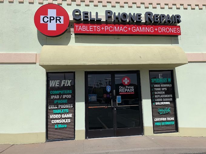 Storefront of CPR Cell Phone Repair El Paso - West, showing the entrance and signage of the electronics repair shop located at 3500 N Mesa St, El Paso, Texas.