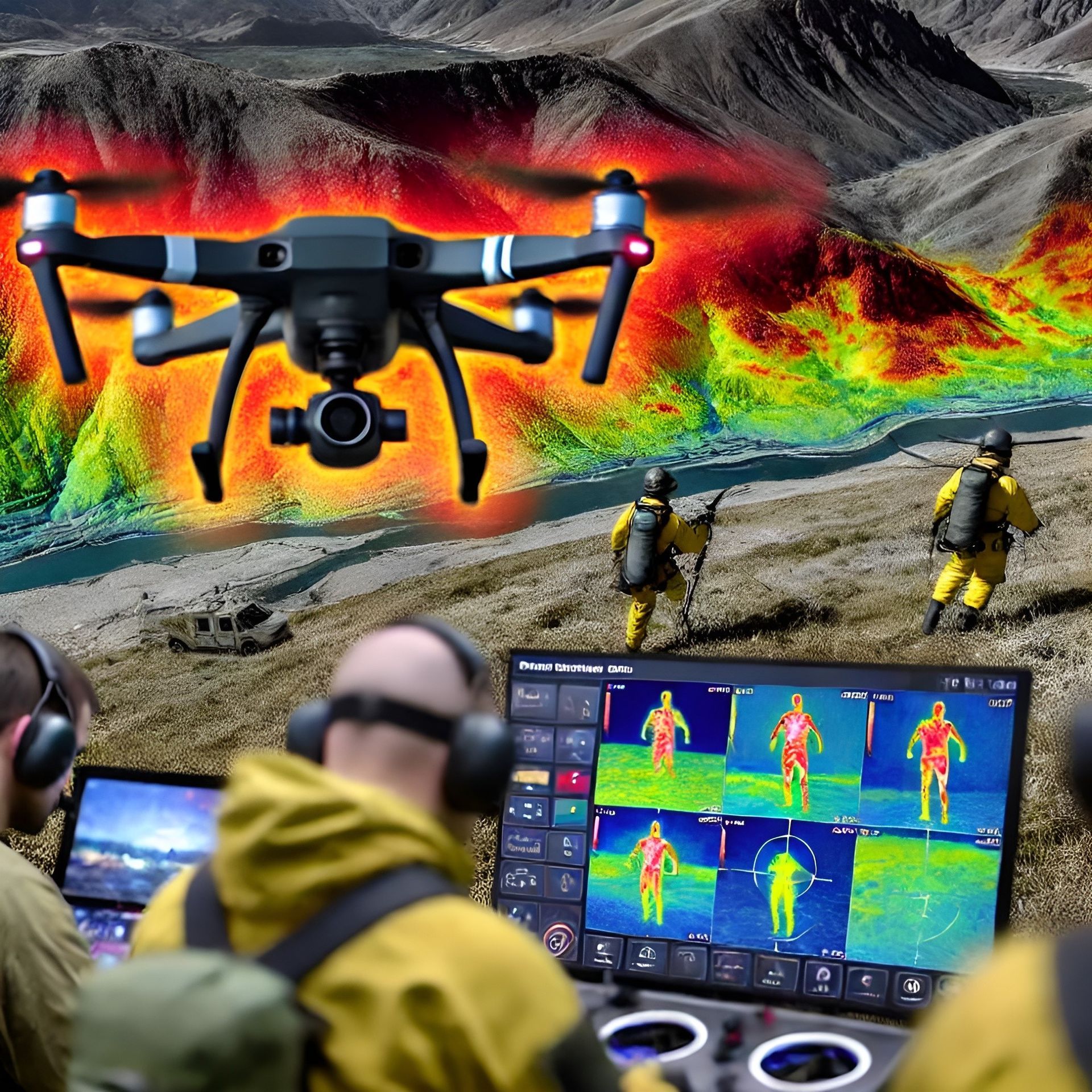 A high-tech drone with thermal imaging and high-resolution cameras flies over rugged mountains during a search and rescue mission. The drone provides real-time data on screens monitored by a ground rescue team, coordinating efforts efficiently.