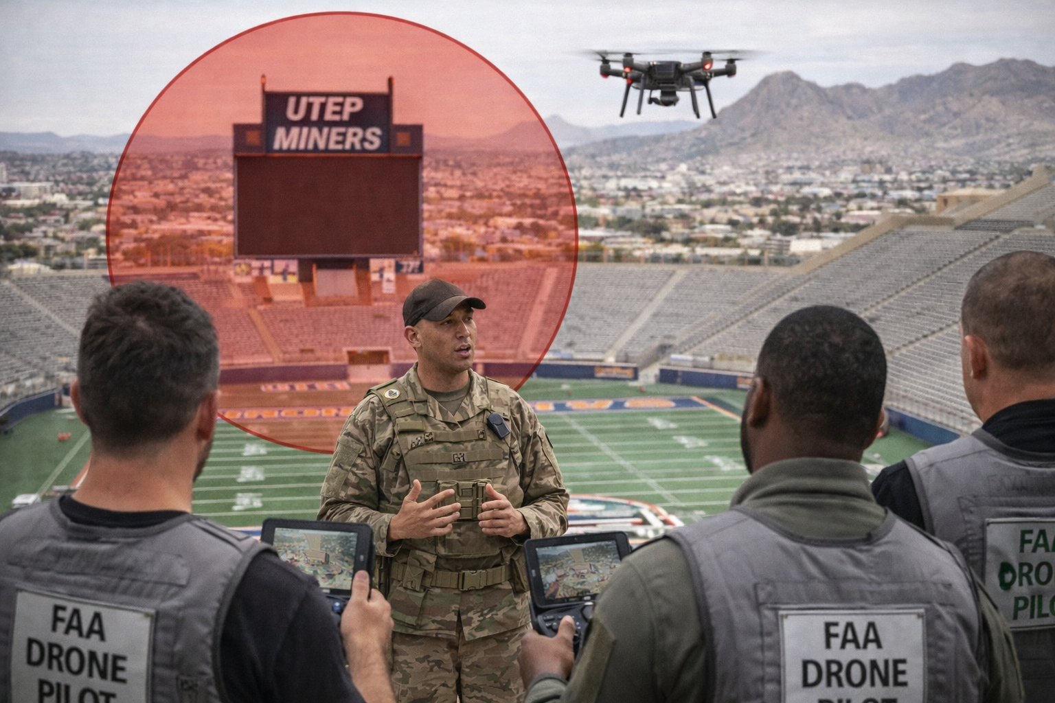 Drone flying over stadium during training. Soldiers in vests hold tablets. UTEP sign in background.