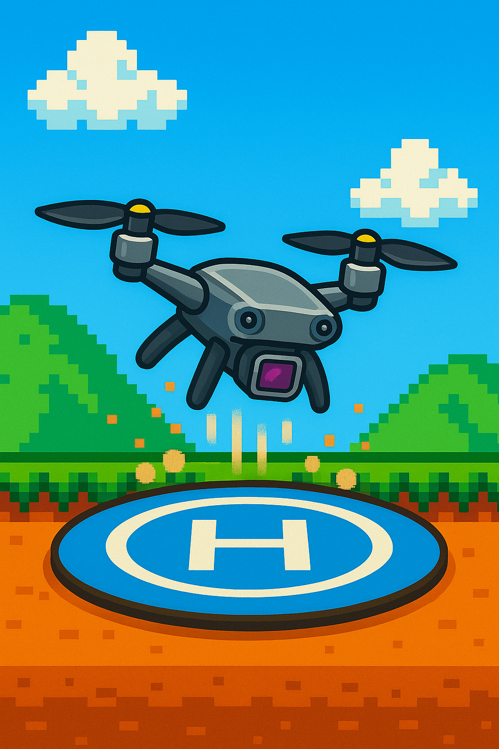 Pixel art of a drone lifting off vertically from a landing pad