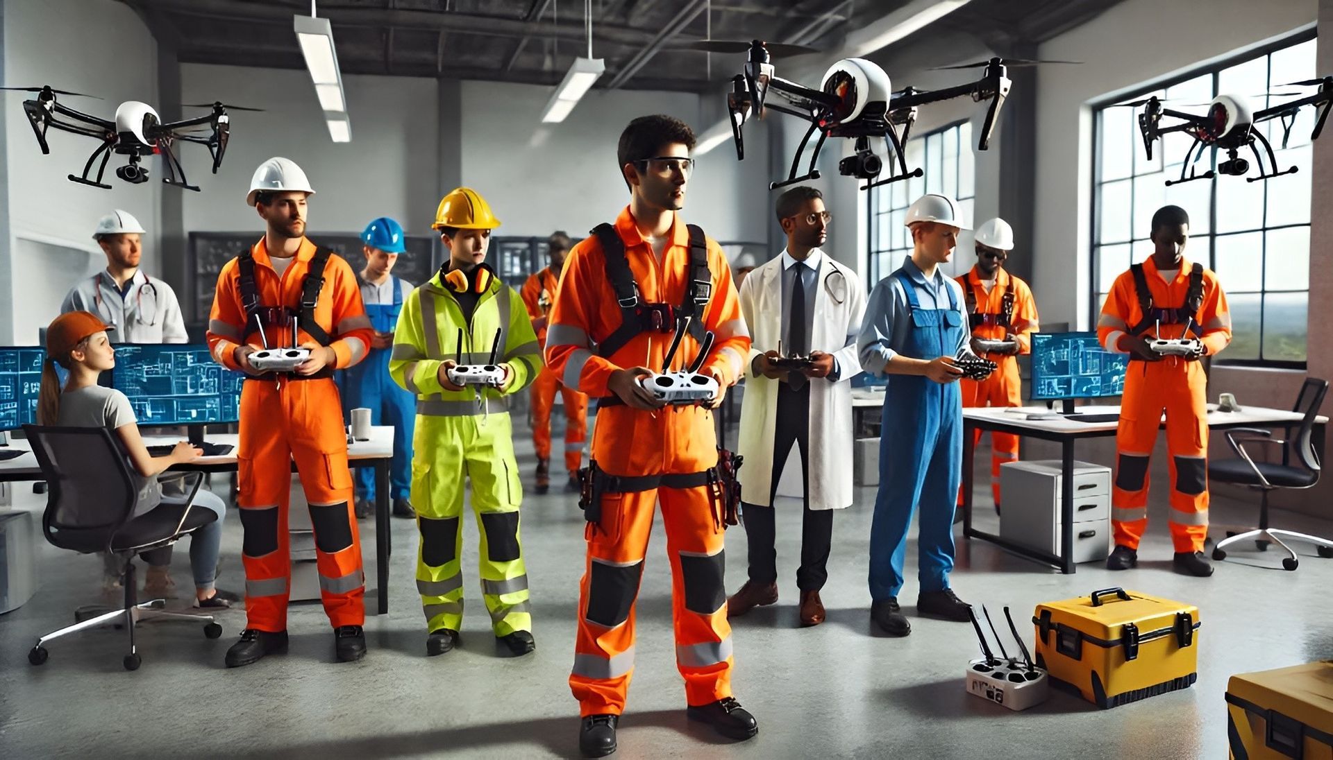 Group of drone pilots from diverse industries showcasing their drones during a professional meetup.