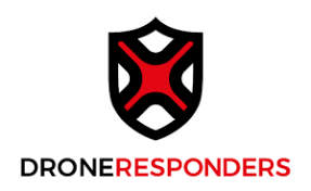 DroneResponders logo: black shield with red cross, black text below.