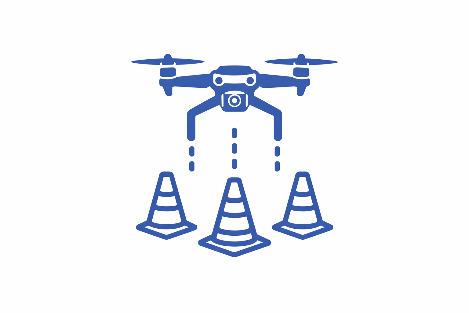 Blue drone above three traffic cones.