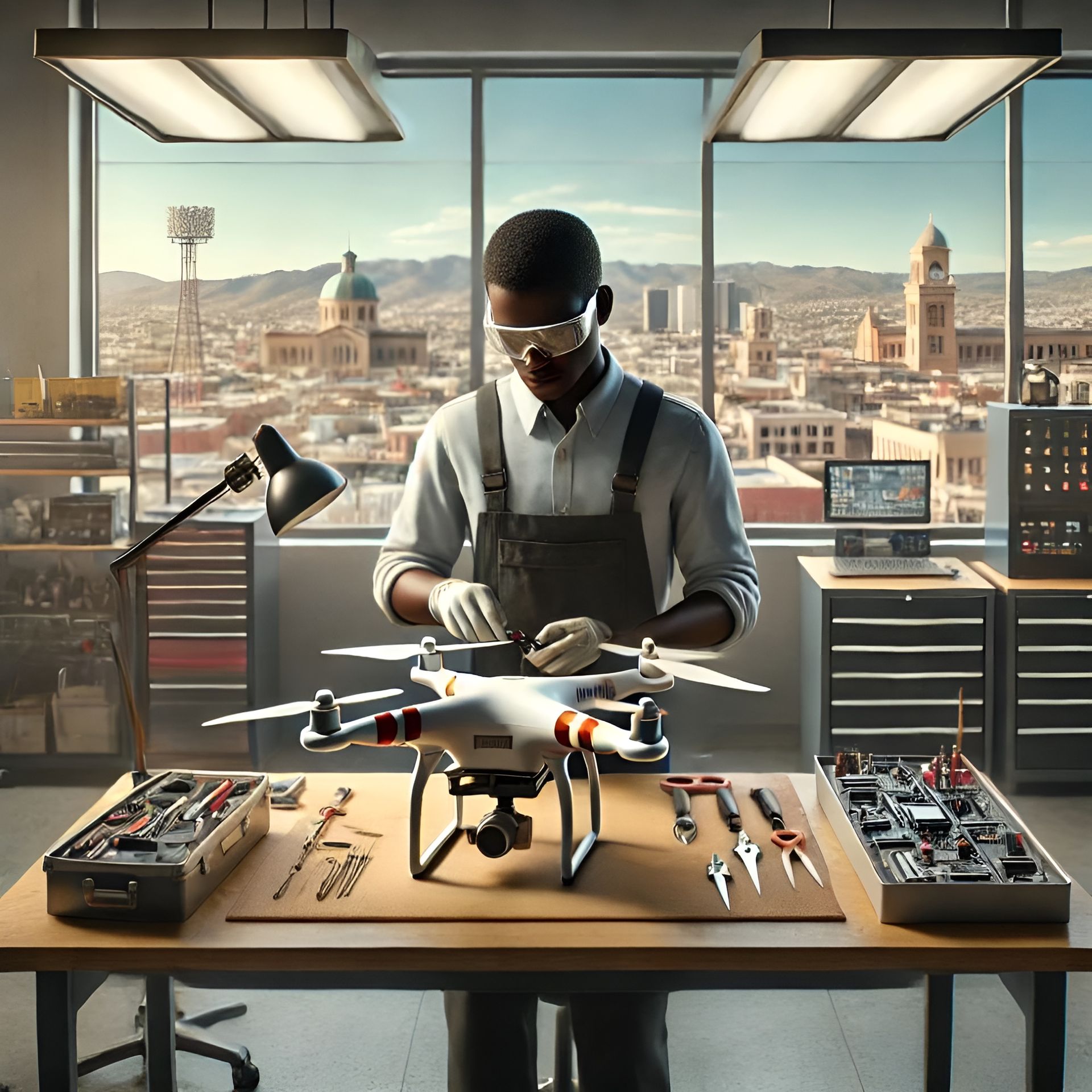 Technician in El Paso making repairs on a drone at a workbench, using tools in a well-organized workshop with the El Paso skyline visible in the background.