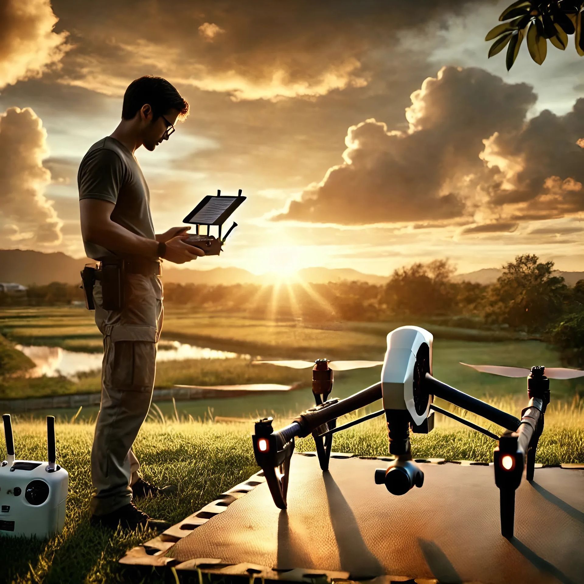 A professional drone pilot performing a pre-flight check on a modern drone, set in a scenic outdoor location with clear skies.