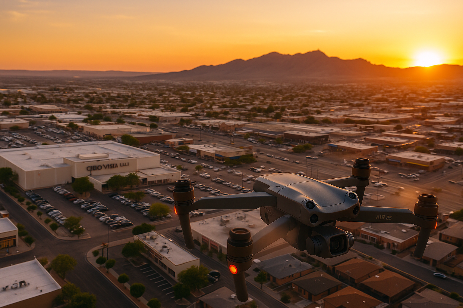 Drone hovering at low altitude over Cielo Vista Mall area, capturing El Paso commercial real estate footage.