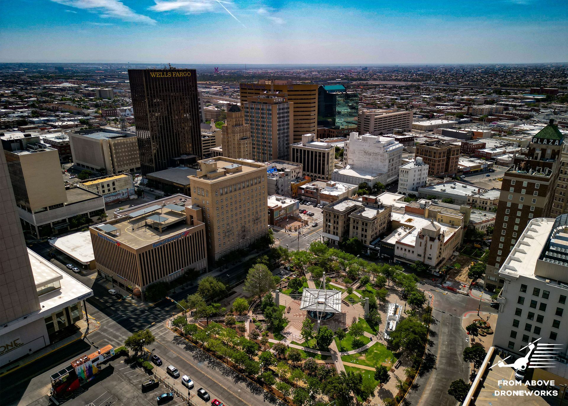 Downtown El Paso, Texas Aerial View: An aerial photograph capturing the cityscape of Downtown El Paso, Texas. The image showcases the skyline, streets, buildings, and urban landscape of the downtown area.