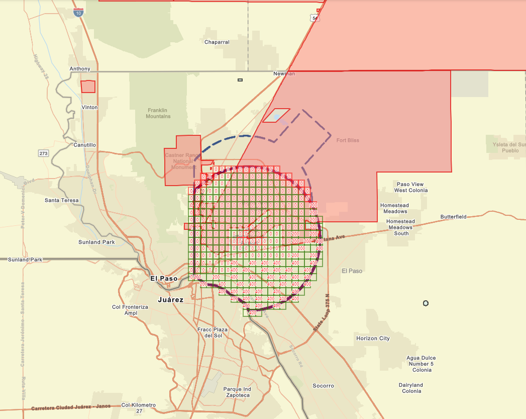 A map of a El Paso with a red circle in the middle for Restricted Airspace.