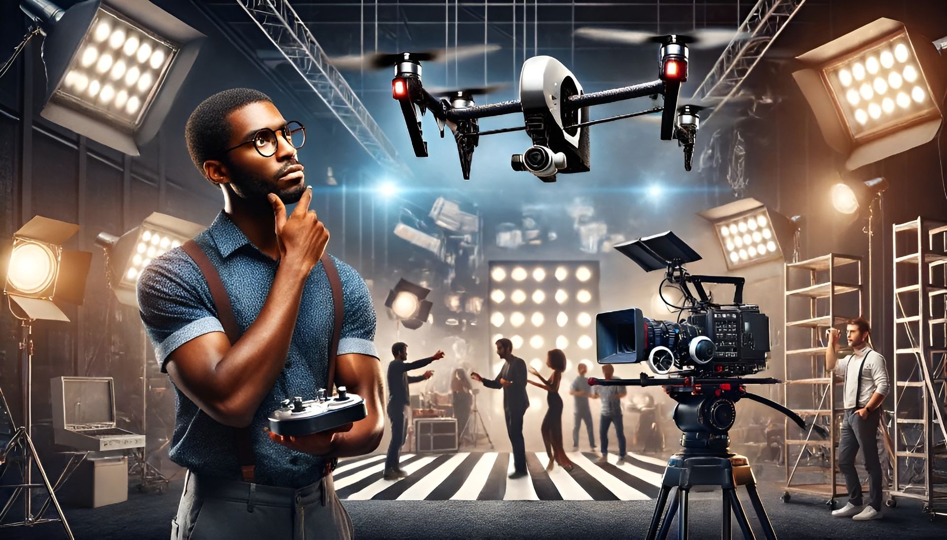 Film production set with a high-quality drone in mid-flight capturing footage, professional film equipment, lights, and crew in the background. A man holds a drone controller, showcasing advanced drone technology in film production.