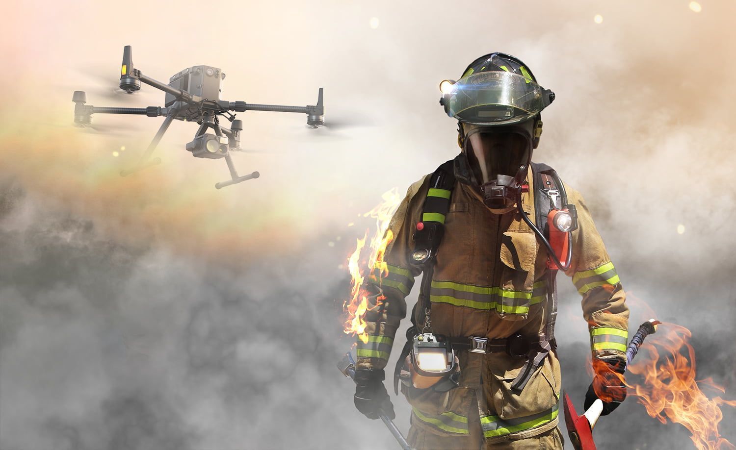 Firefighter in protective gear with a drone surveying a smoky fire scene.
