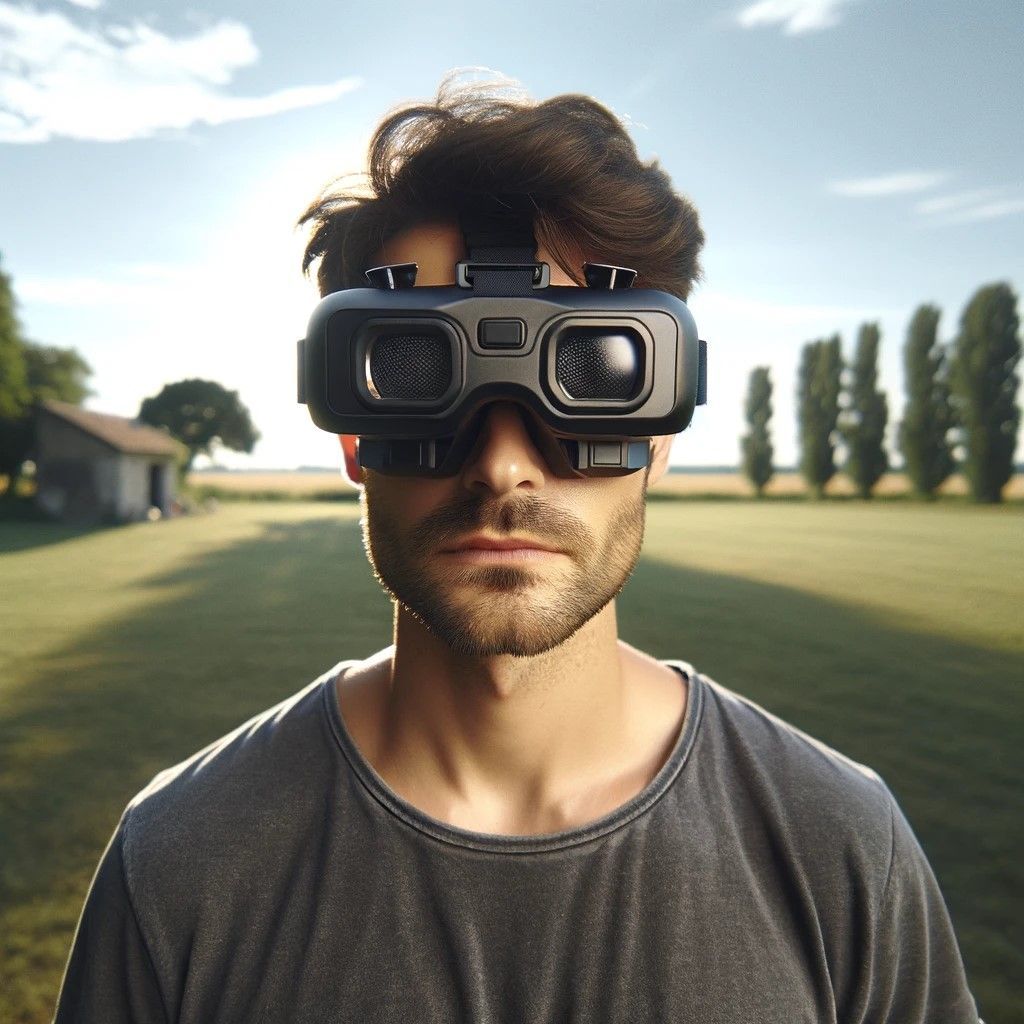 The image of a person wearing First-Person View (FPV) drone goggles.