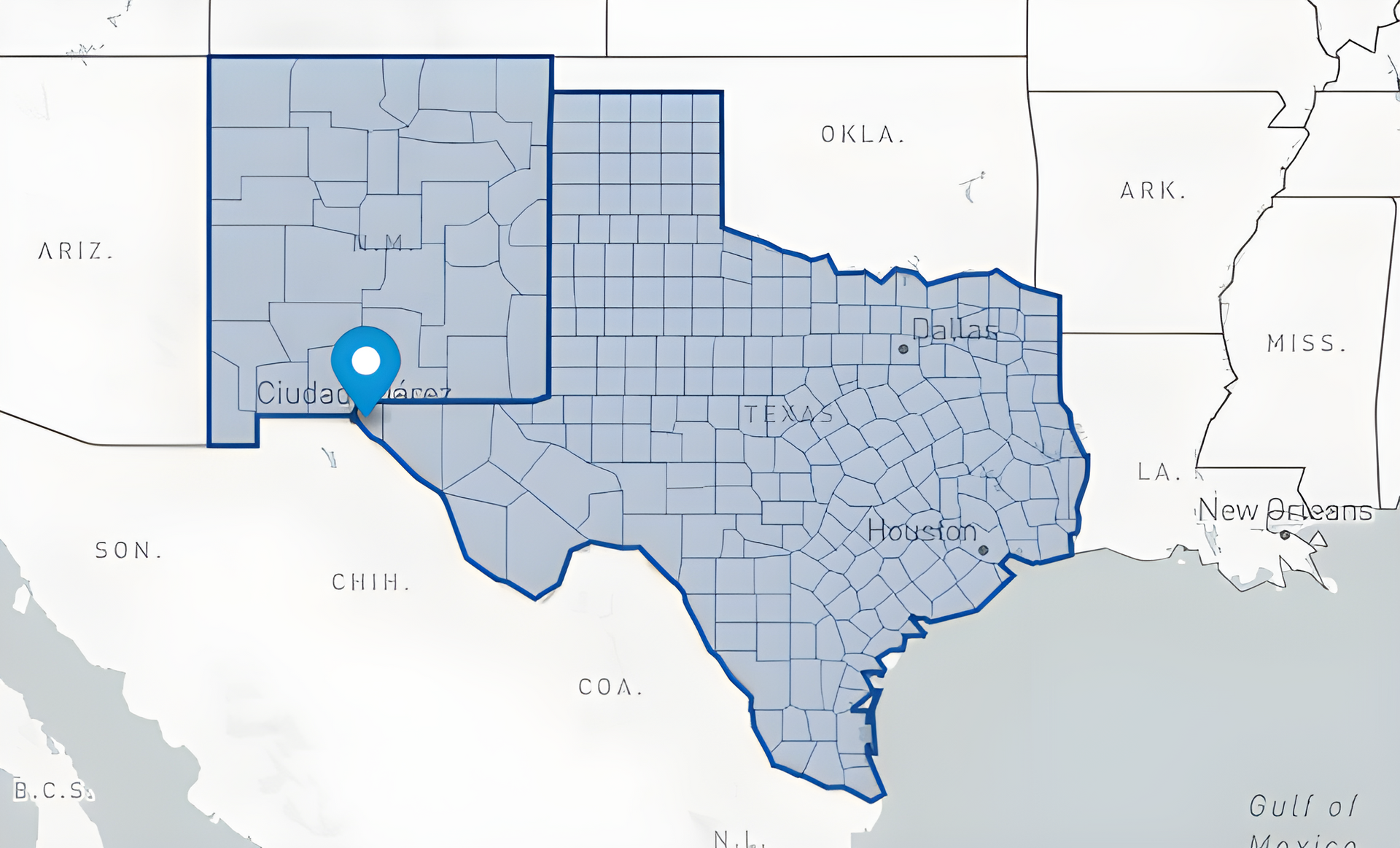 Map showing service areas of From Above Droneworks in Texas and New Mexico.