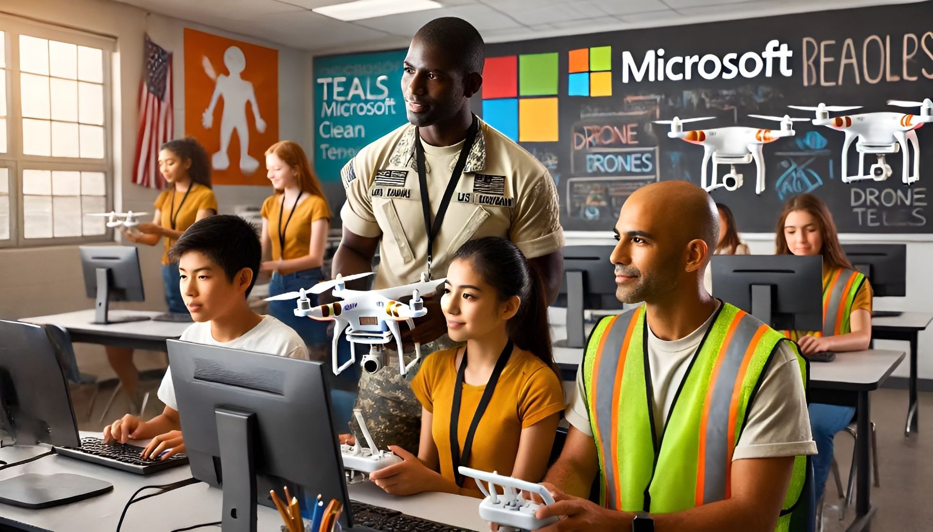 Teacher instructing students in a modern classroom with computers, showcasing technology use and collaborative learning.