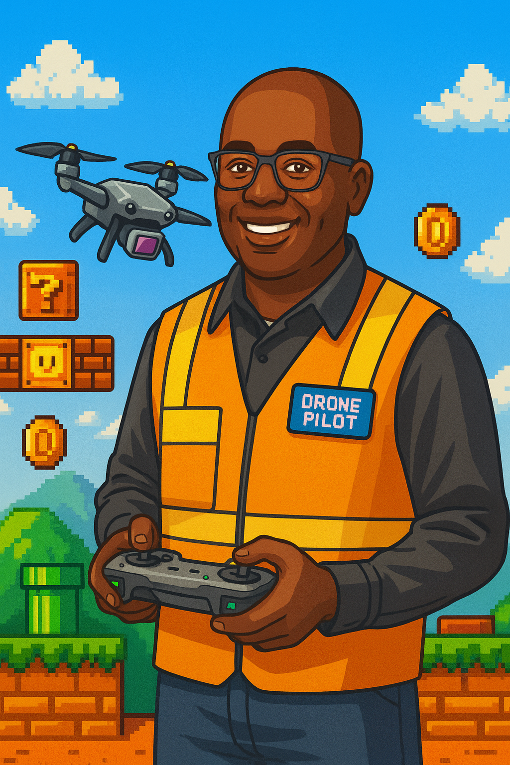 Pixel art drone pilot in a retro game world holding a controller.