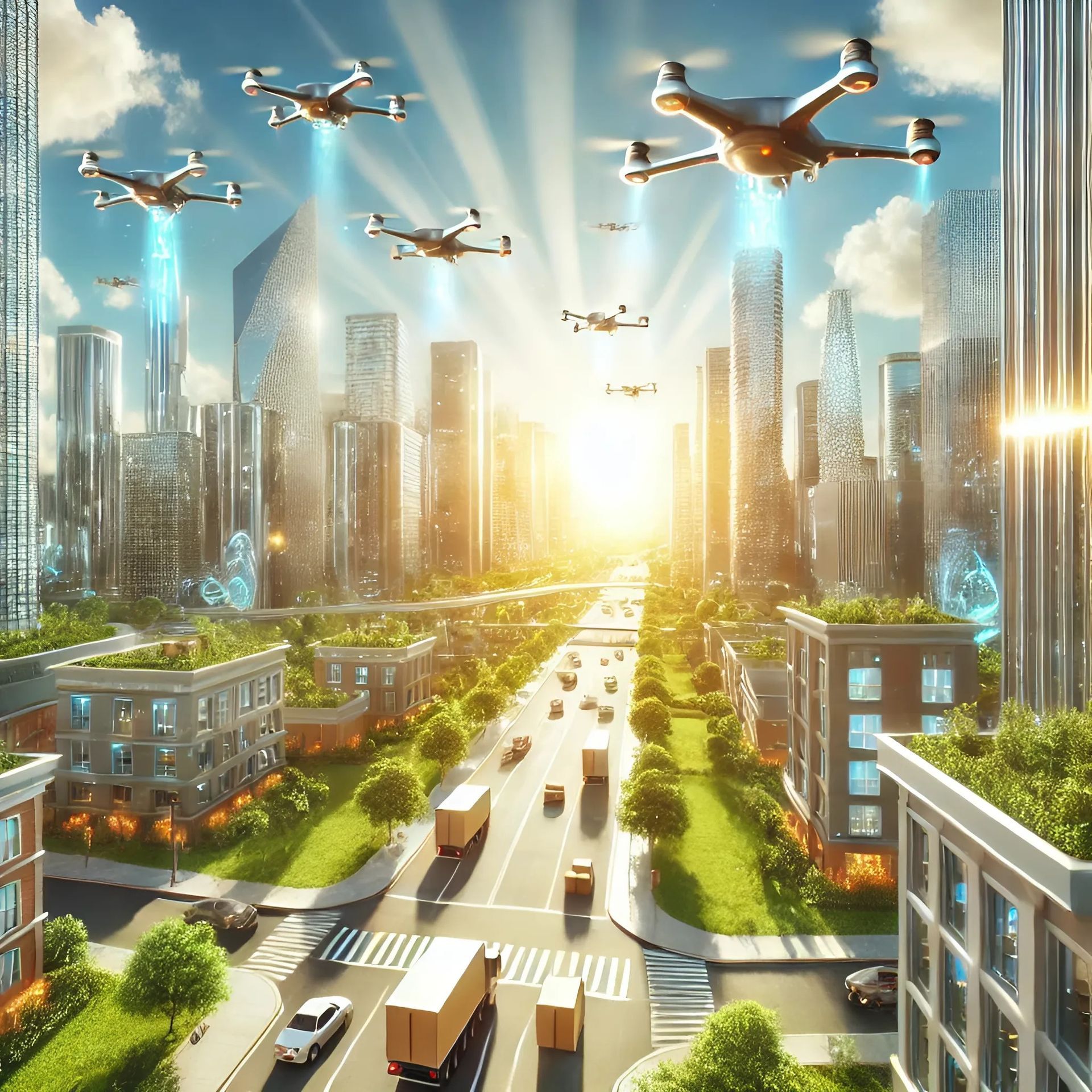 Futuristic cityscape with drones flying among modern skyscrapers, showcasing innovation and technology.