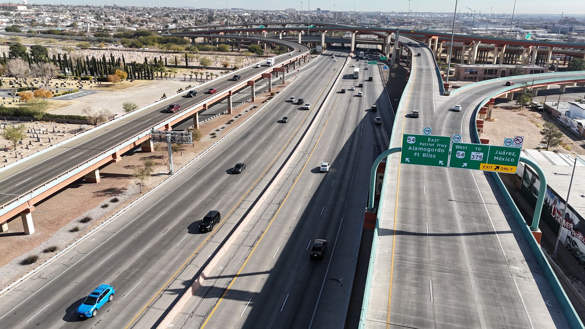 Aerial drone photo of the Spaghetti Bowl interchange where US 54 and I-10 meet in El Paso, Texas.