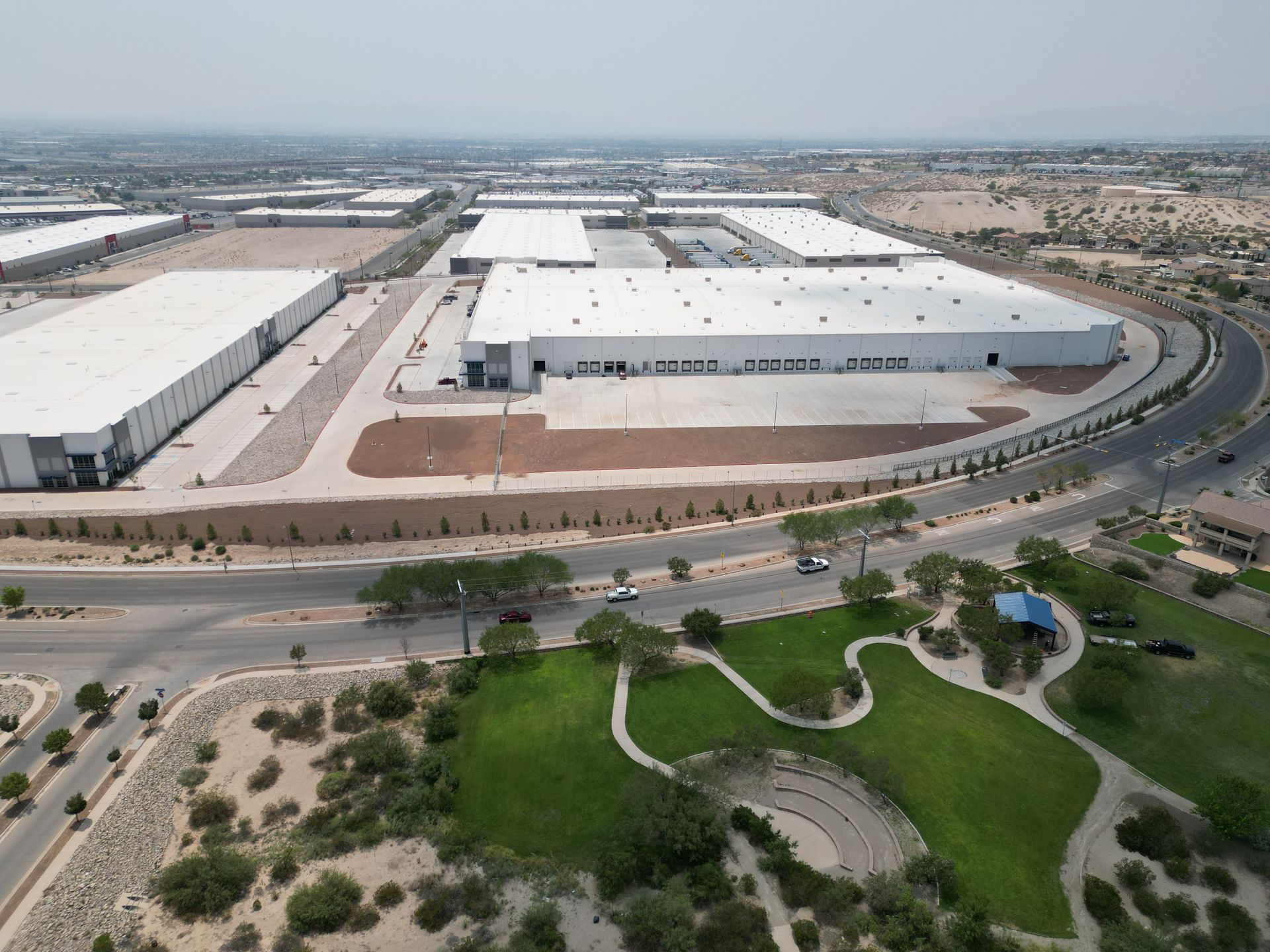 Aerial view of Horizon City, Texas Industrial Center, showcasing the layout of industrial buildings.