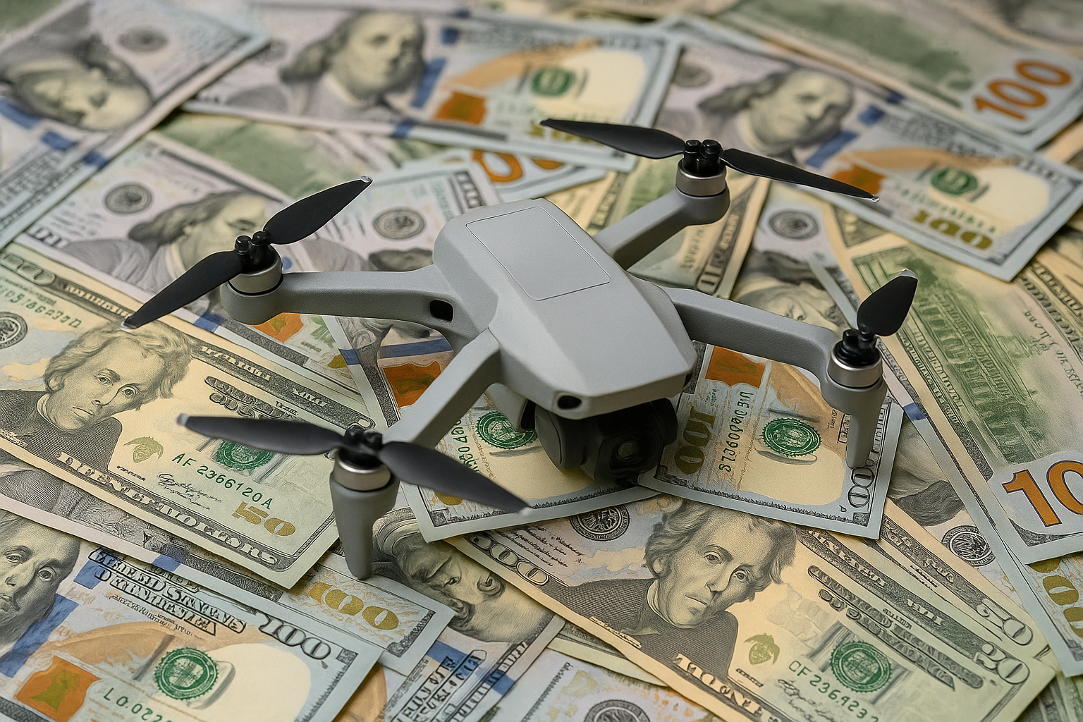Drone on stack of hundred-dollar bills symbolizing drone photography pricing in 2025