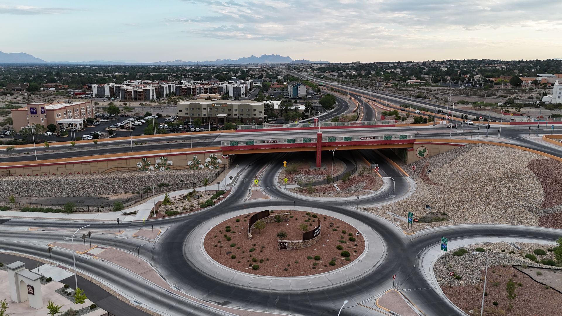 Aerial view of the NMSU roundabout in Las Cruces, New Mexico, showcasing the campus landscape and road layout.