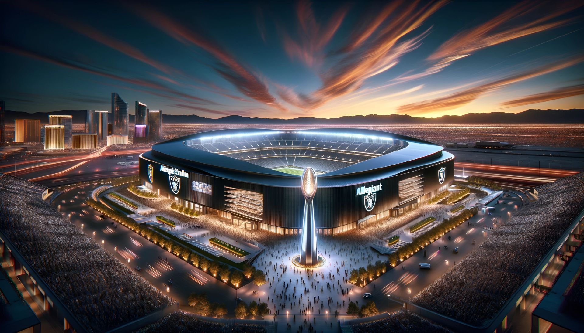  Image of Allegiant Stadium in Las Vegas. The illustration highlights the stadium's futuristic design, with its sleek black glass exterior and the iconic Al Davis memorial torch illuminating the entrance. 