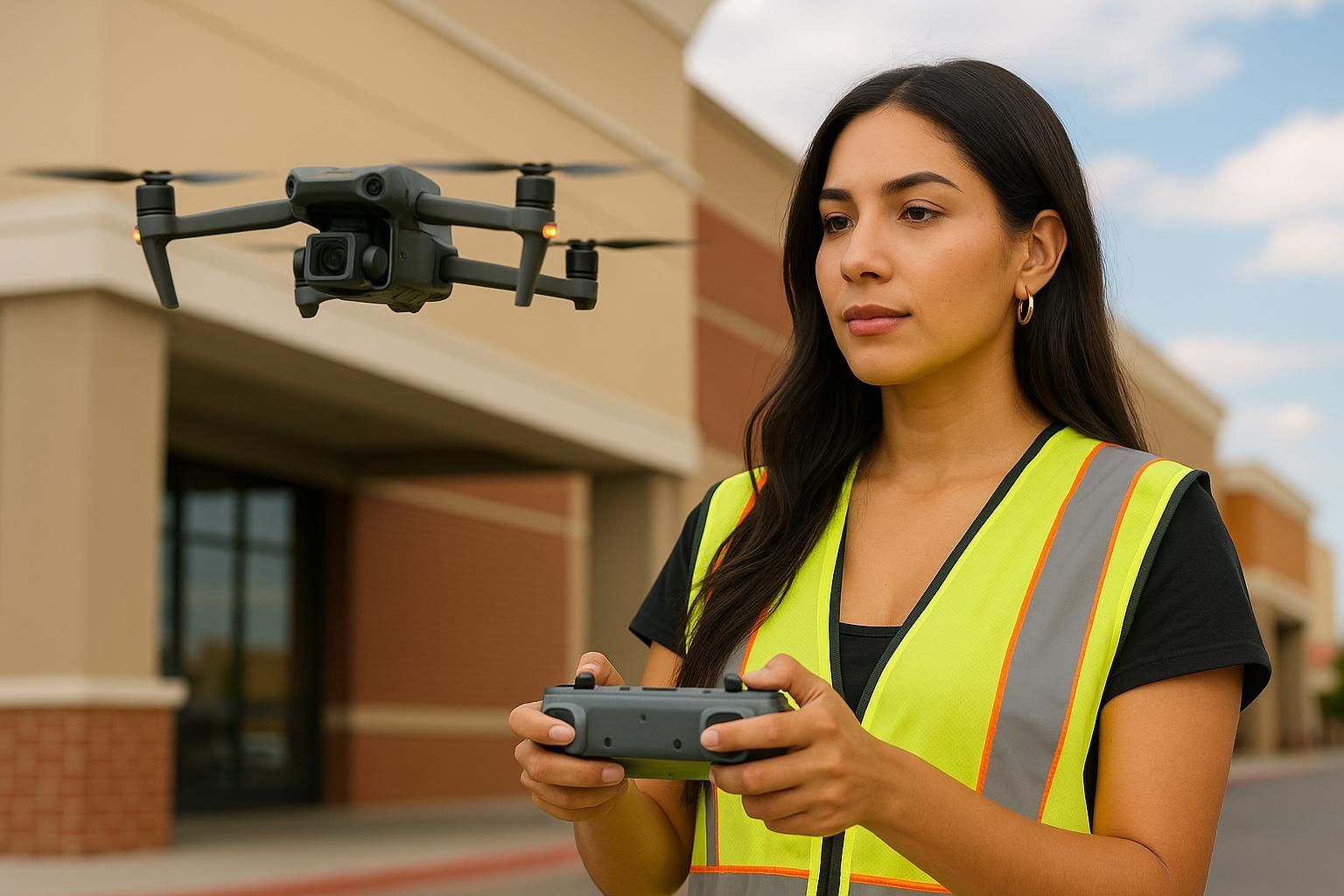 FAA-certified Latina drone pilot flying DJI-style drone during a commercial property shoot in El Paso