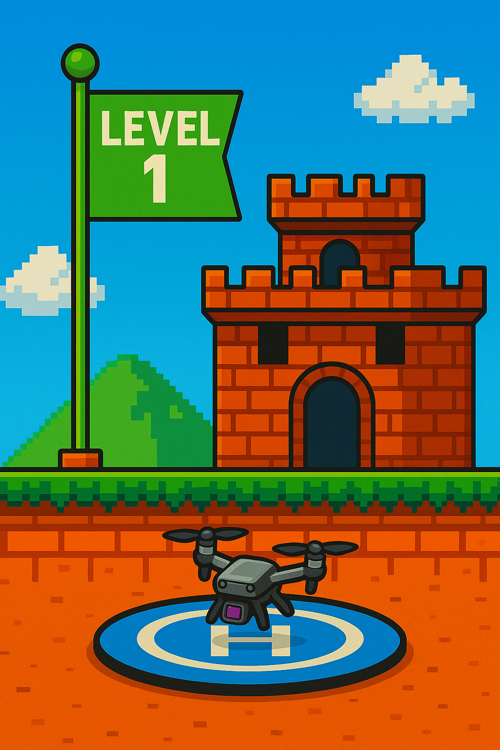 Pixel art of a castle with a flagpole and drone landing pad, styled like a retro Level 1 video game