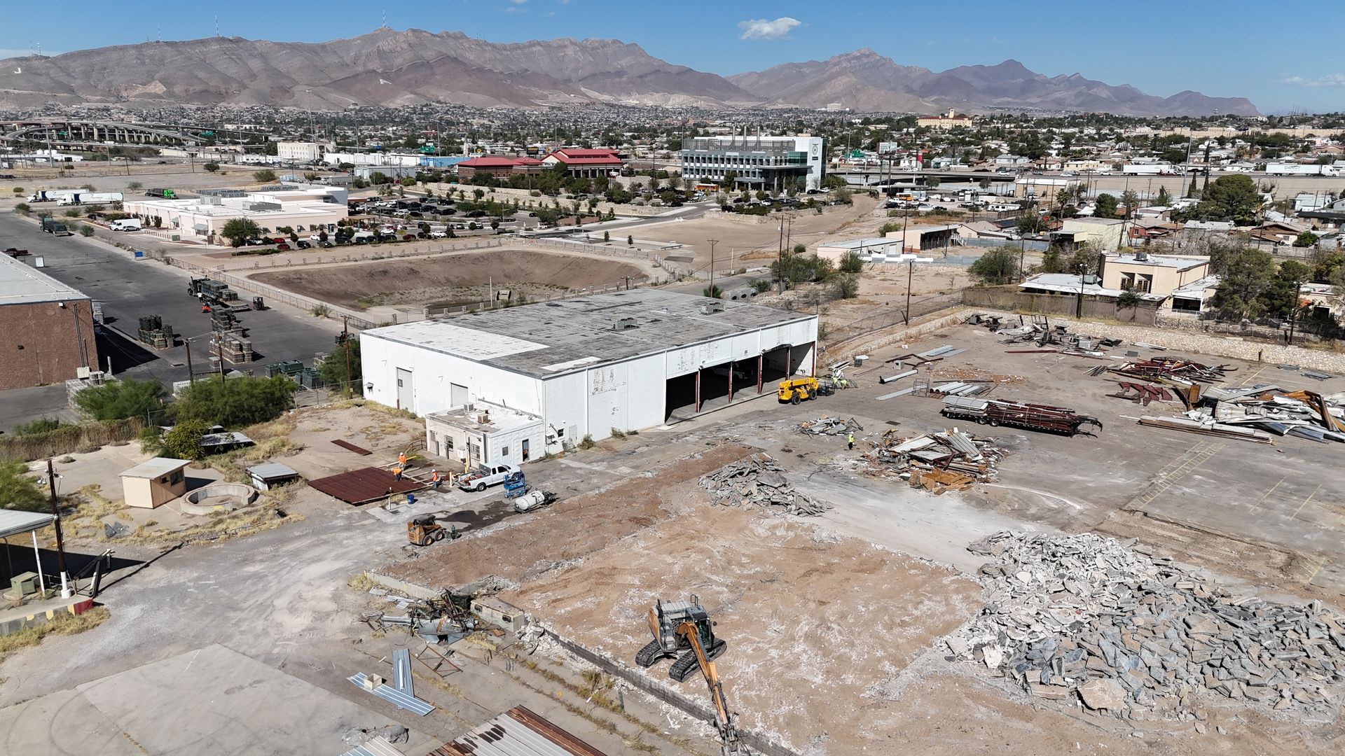 Drone view of a land development project in El Paso showcasing progress and site layout.