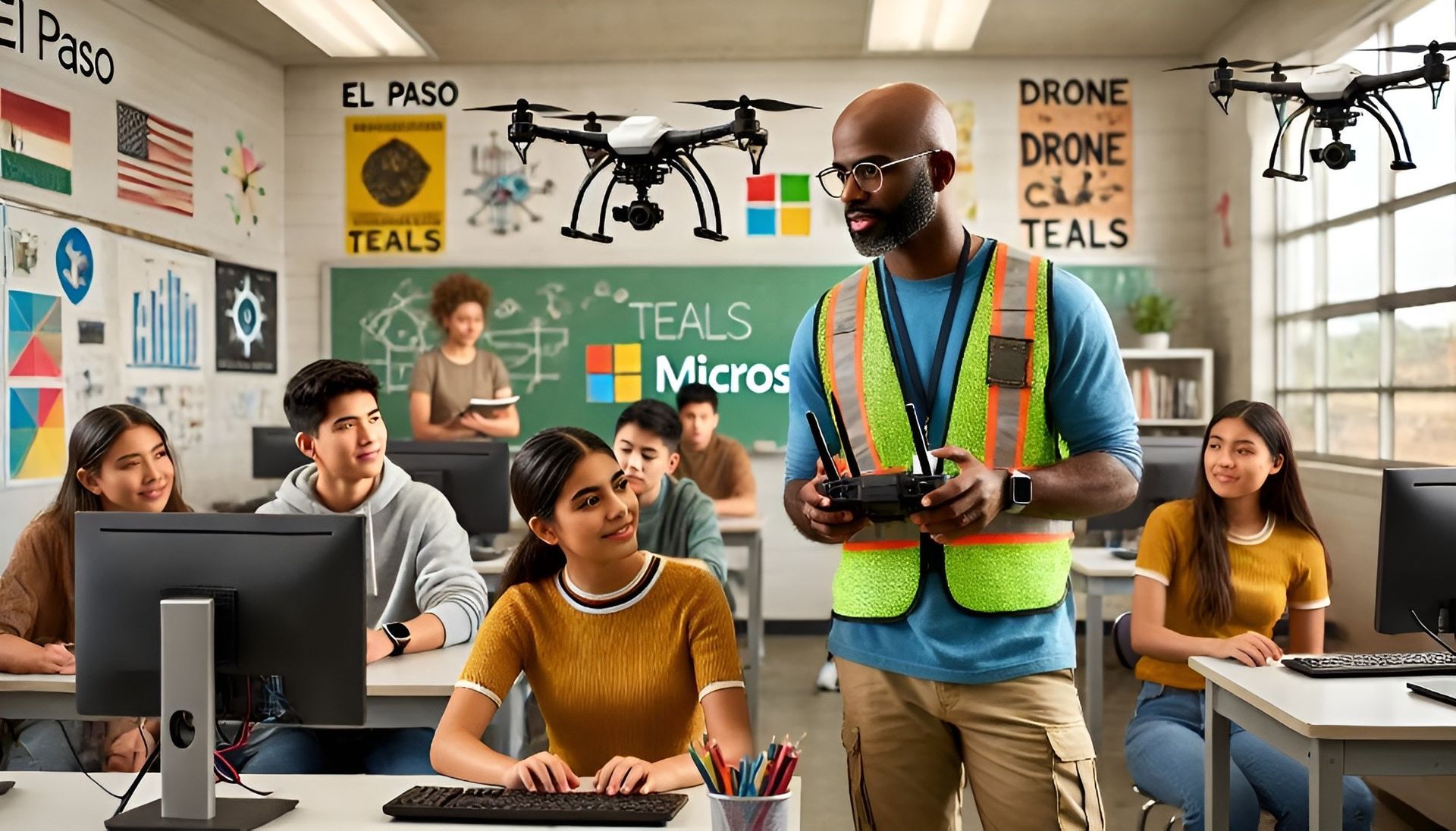 Modern El Paso classroom with Latino students, teacher, and From Above Droneworks professional in neon vest demonstrating drone tech and cybersecurity. Microsoft TEALS partnership.