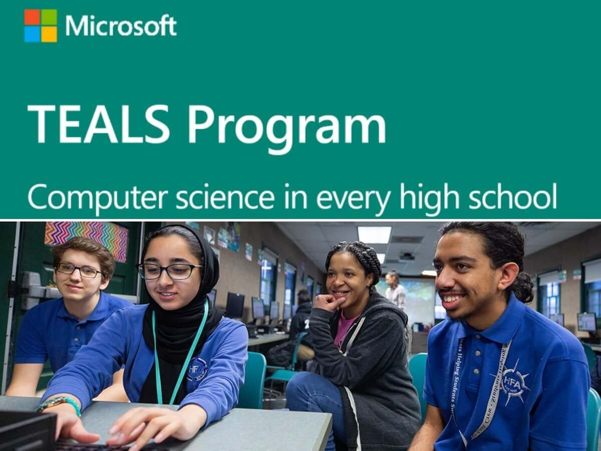 Microsoft TEALS program promoting computer science in every high school, with students and teachers collaborating on coding projects in a classroom setting.