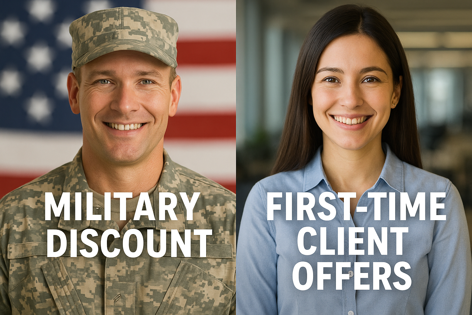 Split image showing a smiling military veteran and a first-time client promoting drone service discounts in El Paso