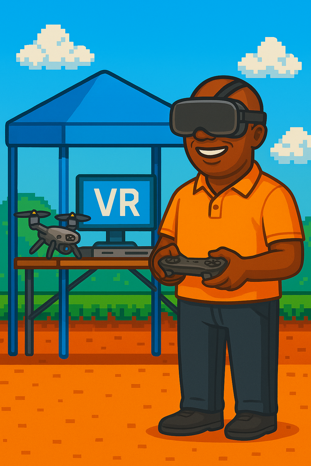Mobile VR drone training tent setup outdoors with students participating