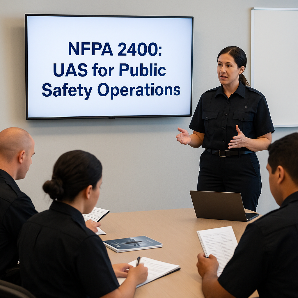 Public safety trainees in a classroom learning NFPA 2400 drone standards from a female instructor.