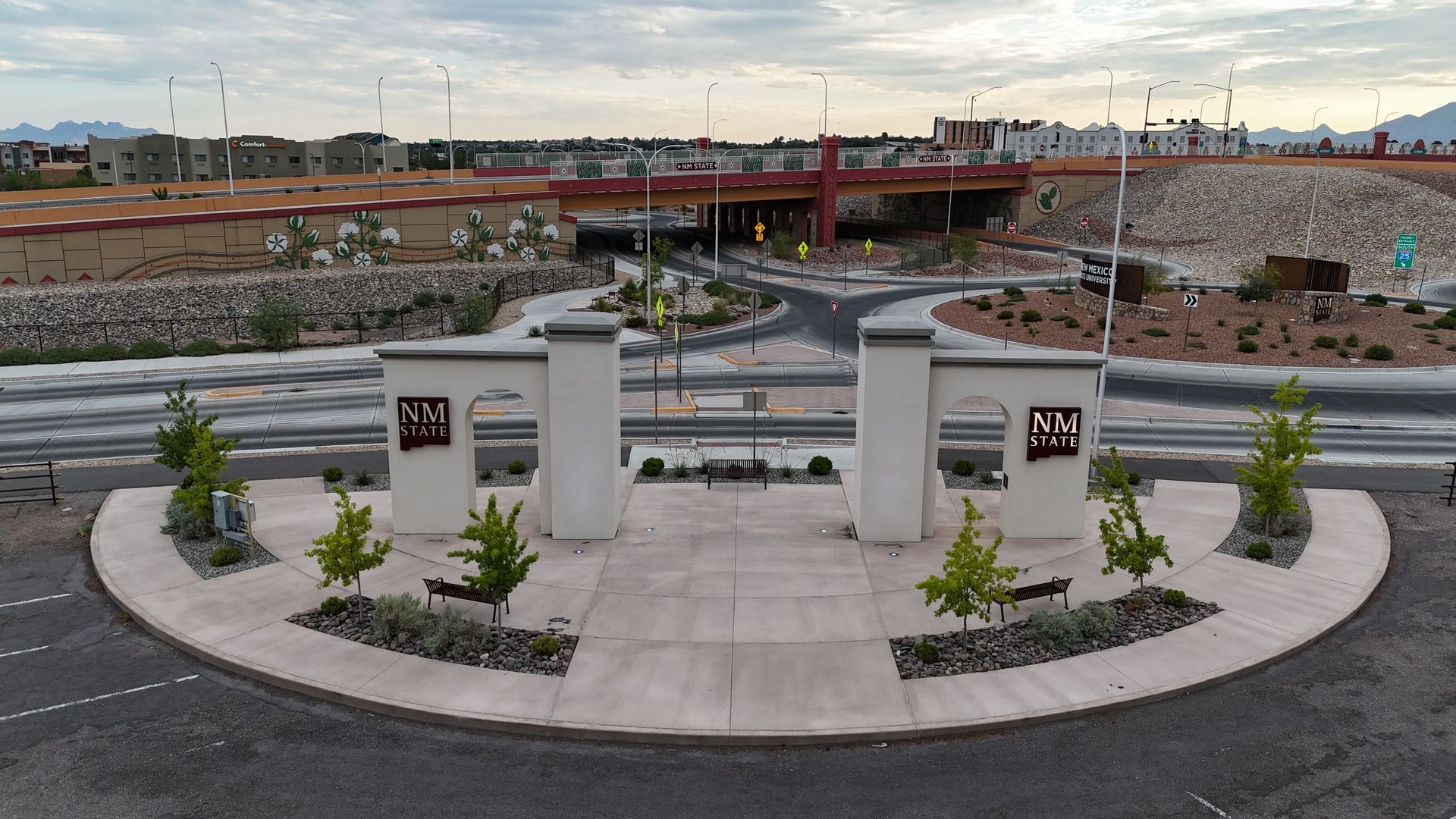 New Mexico State University Archway in Las Cruces, NM, iconic entrance featuring architectural elegance and the NMSU logo. 