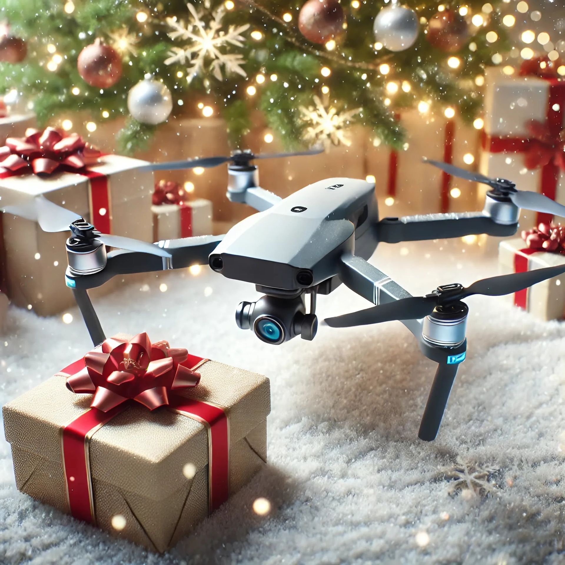 A drone is flying over a gift box in front of a christmas tree