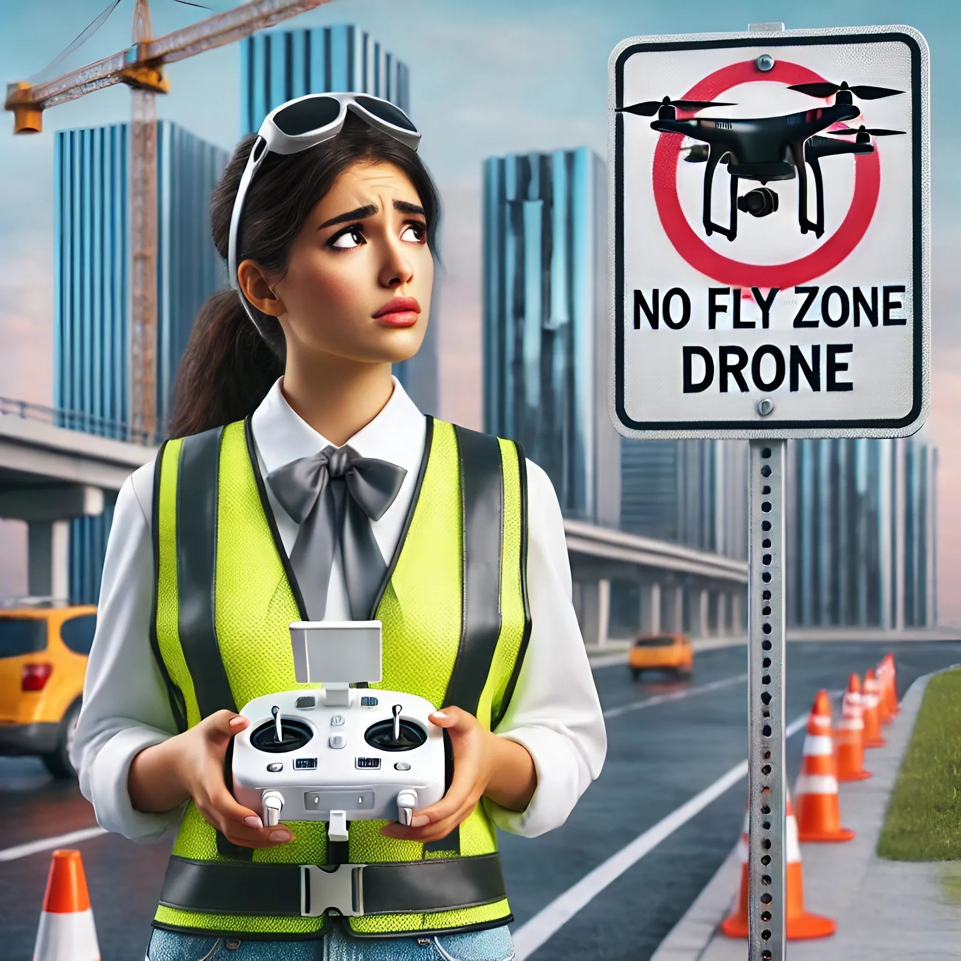 A woman drone pilot is holding a remote control in front of a no fly zone drone sign.