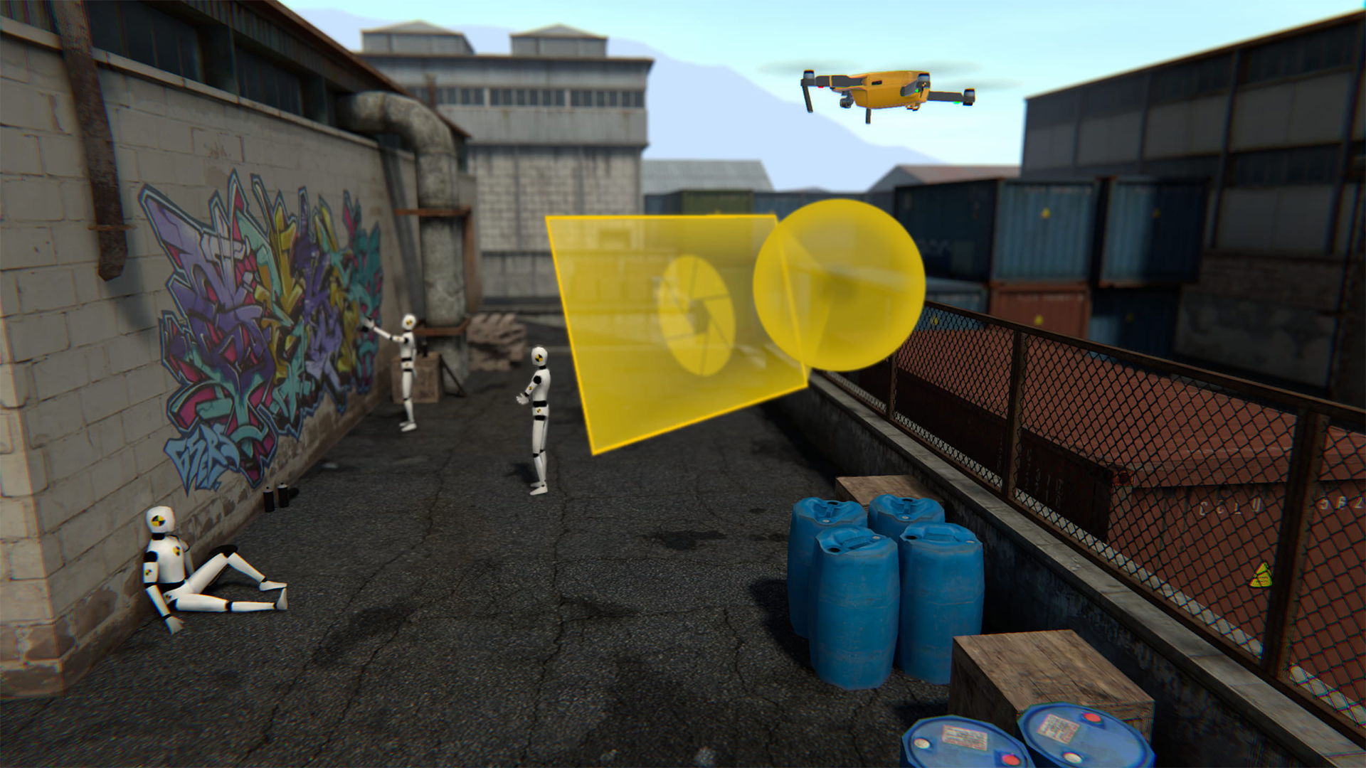 Drone scanning alley with yellow targeting overlay during a search mission