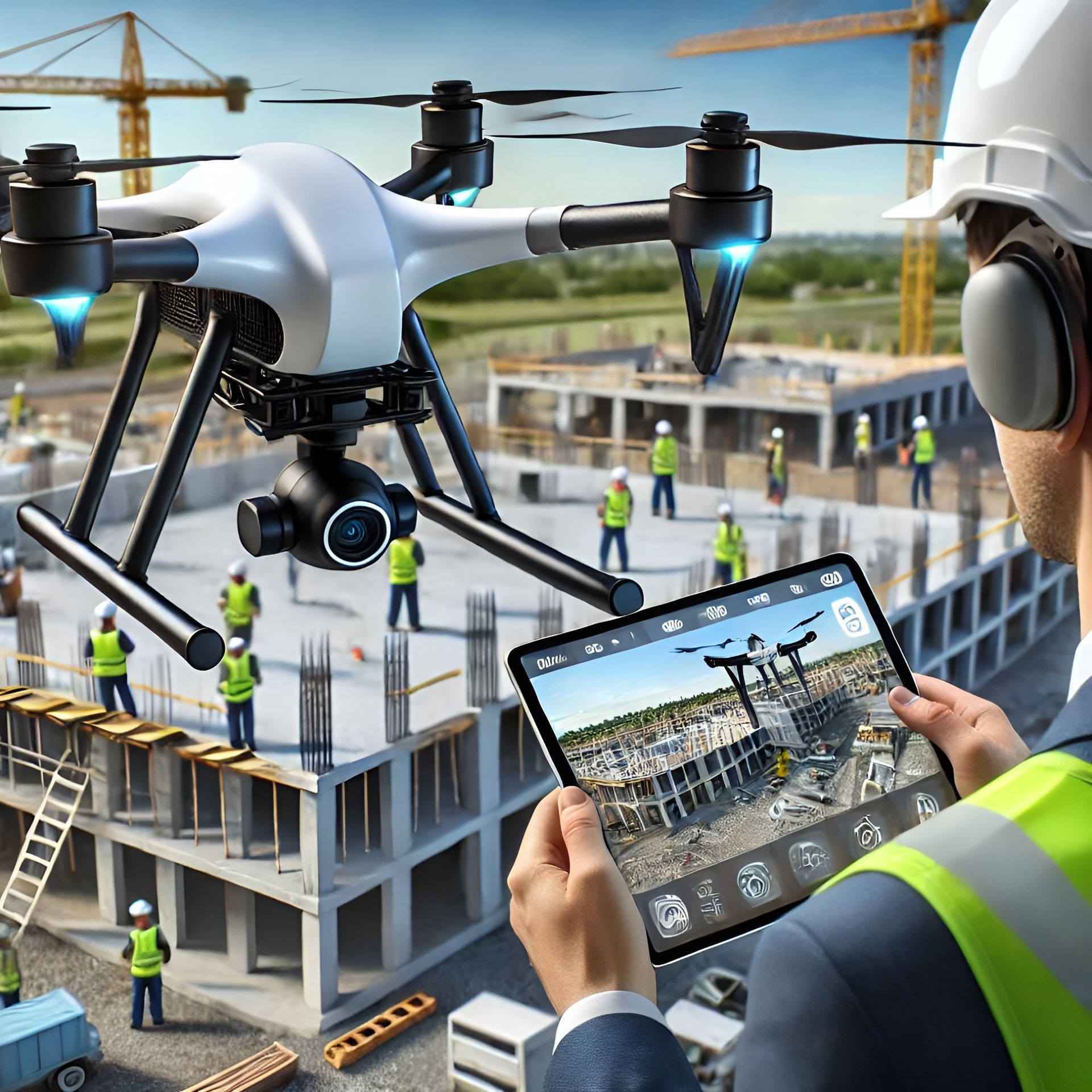 Drone flying over a construction site, capturing aerial footage for real estate development and inspection as part of drone pilot operations.