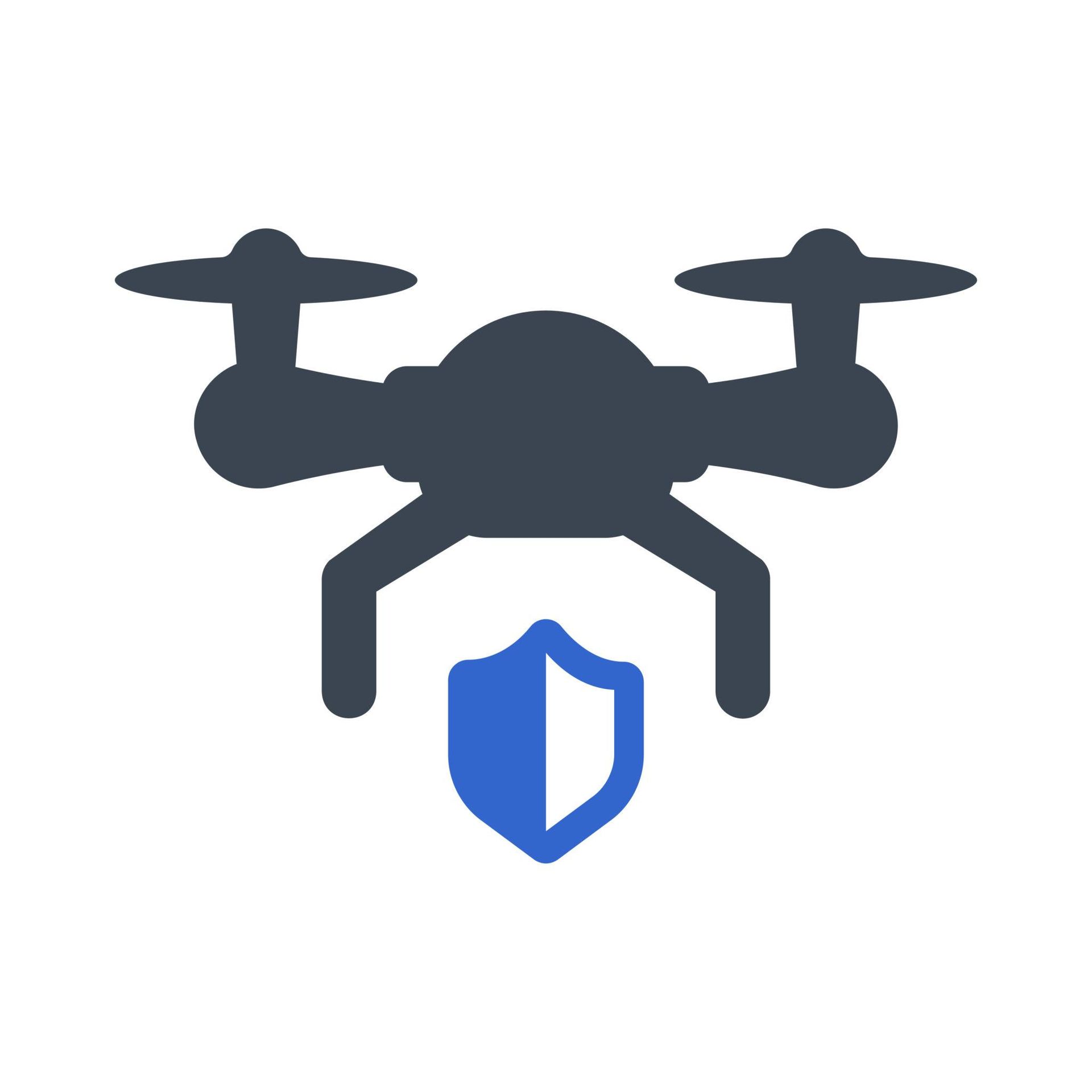 Drone with a shield icon, dark blue and light blue, symbolizing drone security.