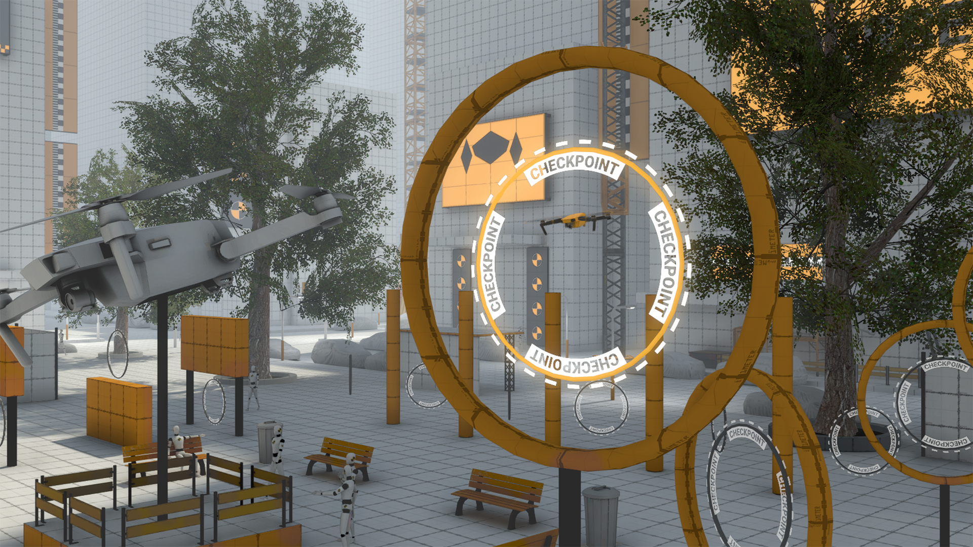 First-person drone view flying through checkpoint rings in a training course