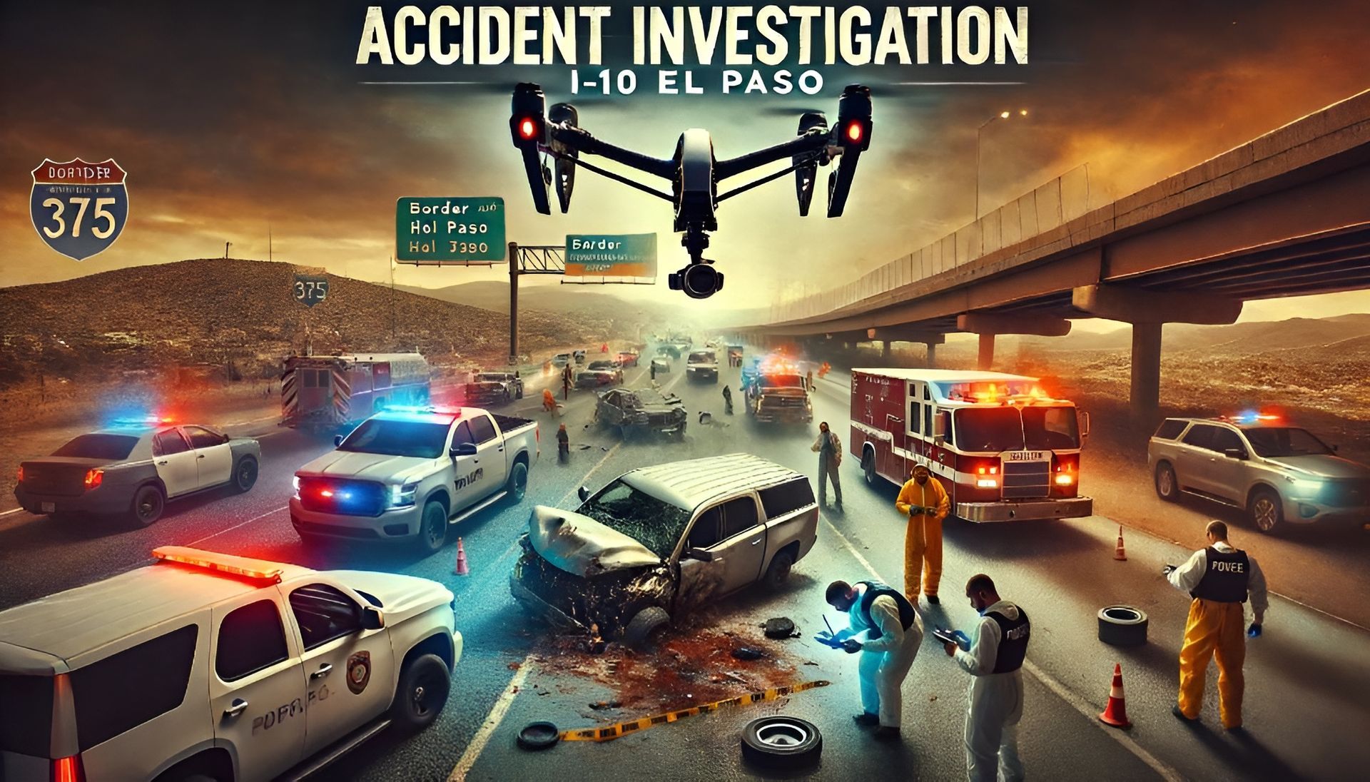 Police and investigators at a rollover accident scene on a busy highway using a drone for aerial surveillance. The drone captures detailed views of vehicle positions, skid marks, and debris. Emergency responders document the scene, showcasing the advanced use of drone technology in accident investigations.