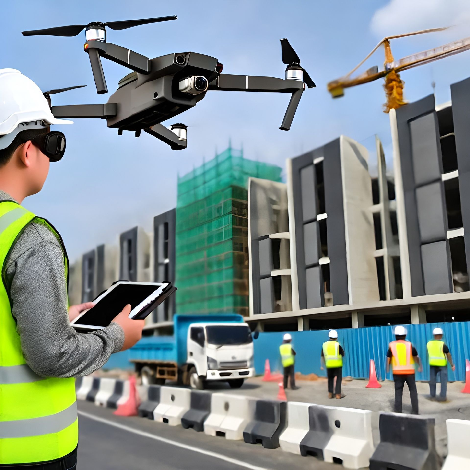 Modern drone performing site safety inspection on a construction site with workers in safety gear.