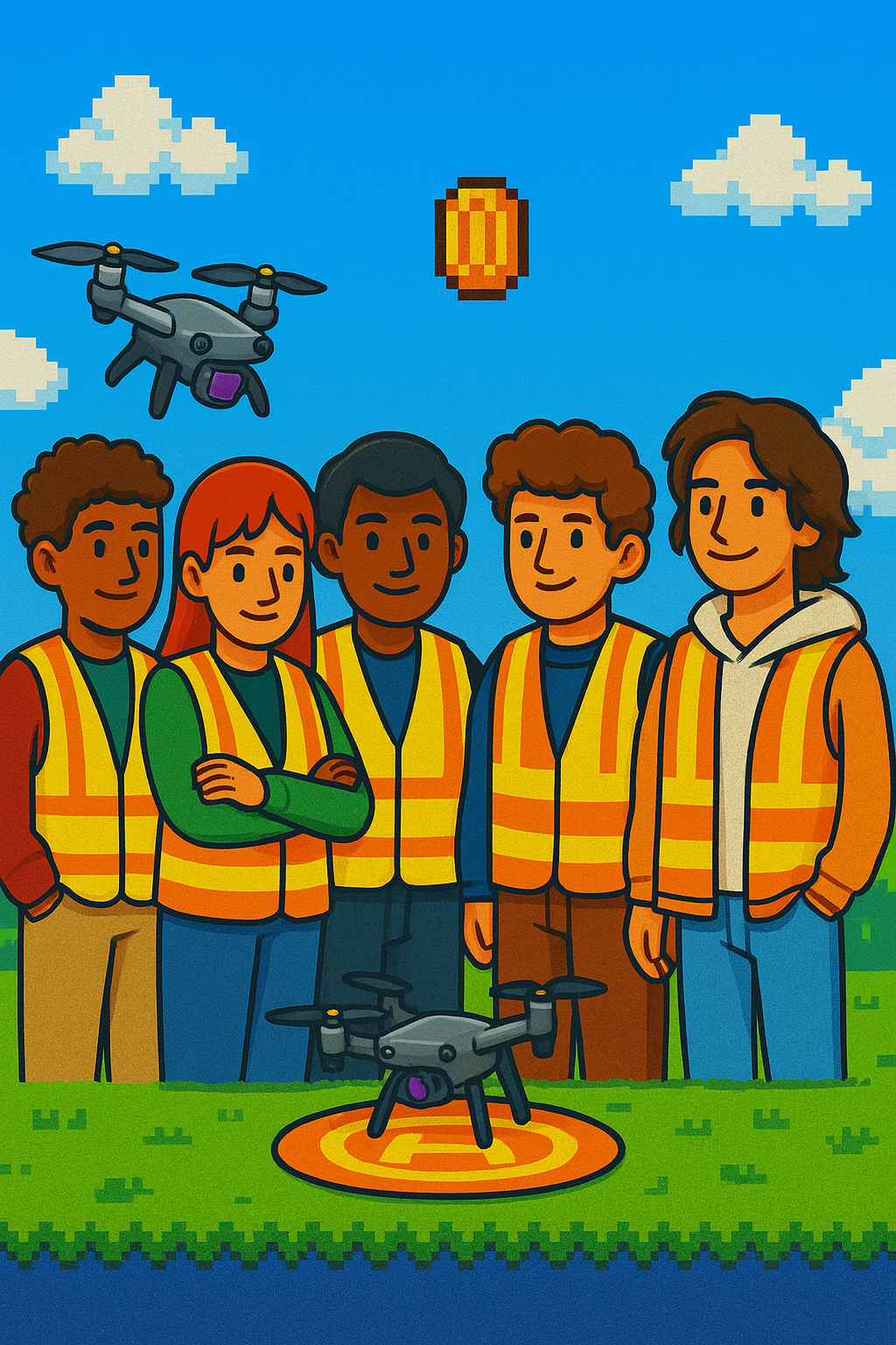 Pixel art illustration of diverse middle and high school students learning drone skills