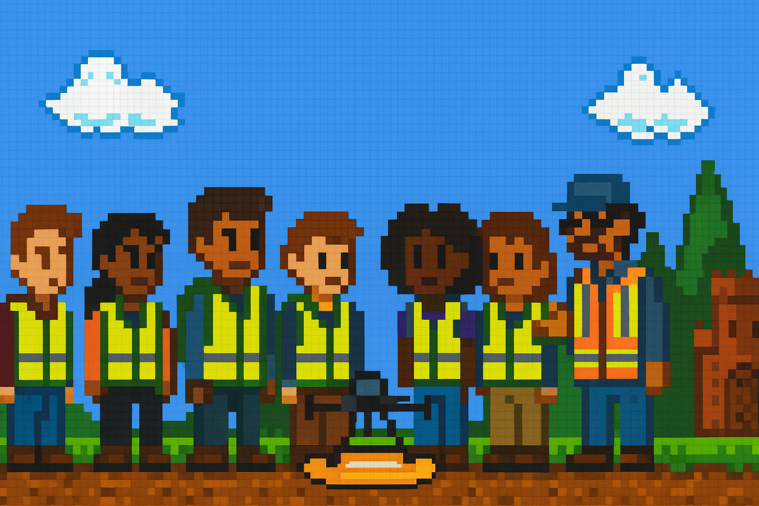 Students in vests watch a drone lift off from a helipad in pixel art style