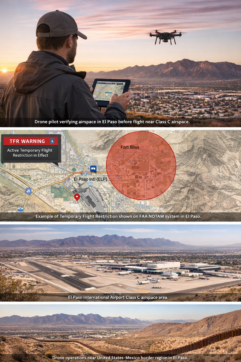 Man flying a drone over a city; map showing a no-fly zone; aerial view of an airport; border wall in the desert.