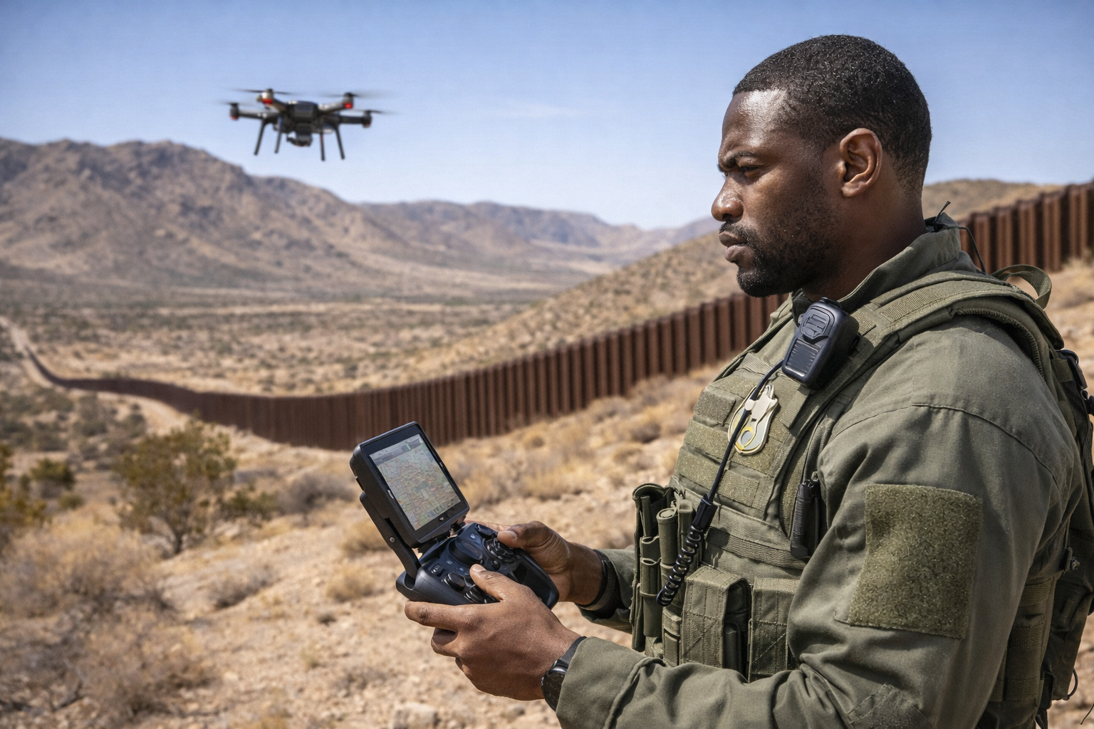 Border agent operating a drone near a border wall in a desert landscape.