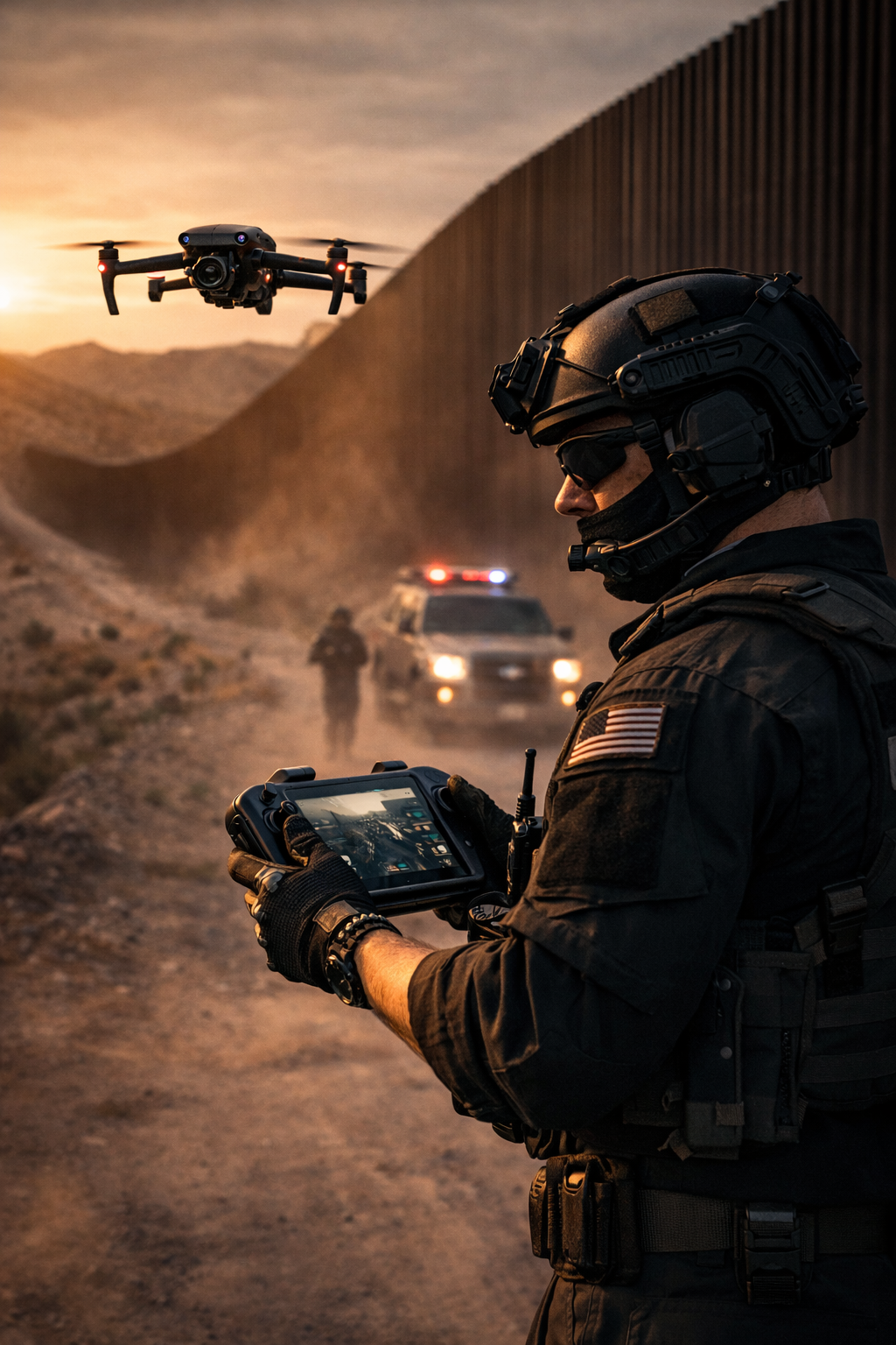 Border patrol agent operating a drone near a wall; patrol vehicle in background.