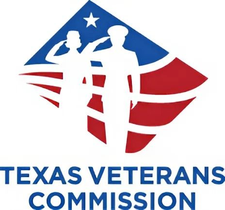 A logo for the Texas Veterans Commission with two soldiers saluting