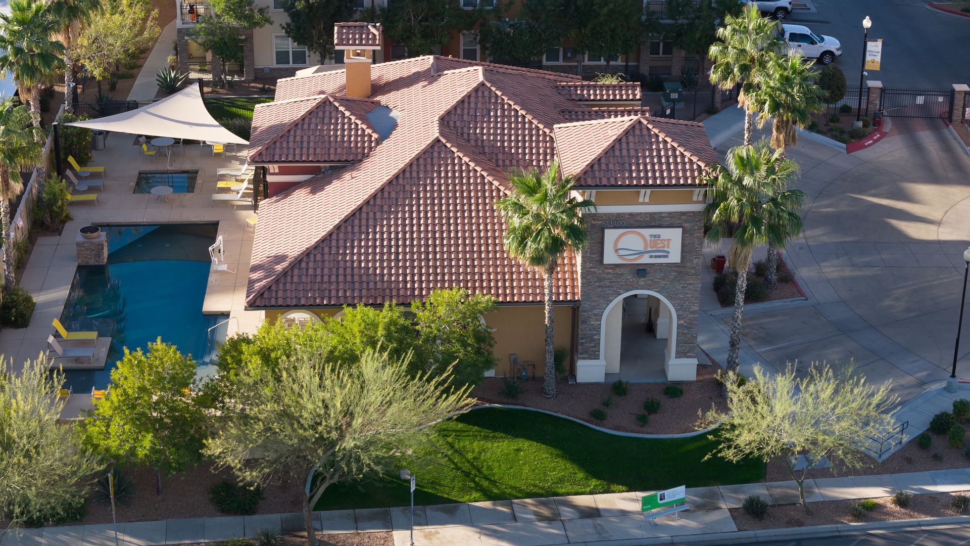 Aerial view of The Quest at Edgemere residential community, highlighting the expansive layout, amenities, and surrounding area for prime living.