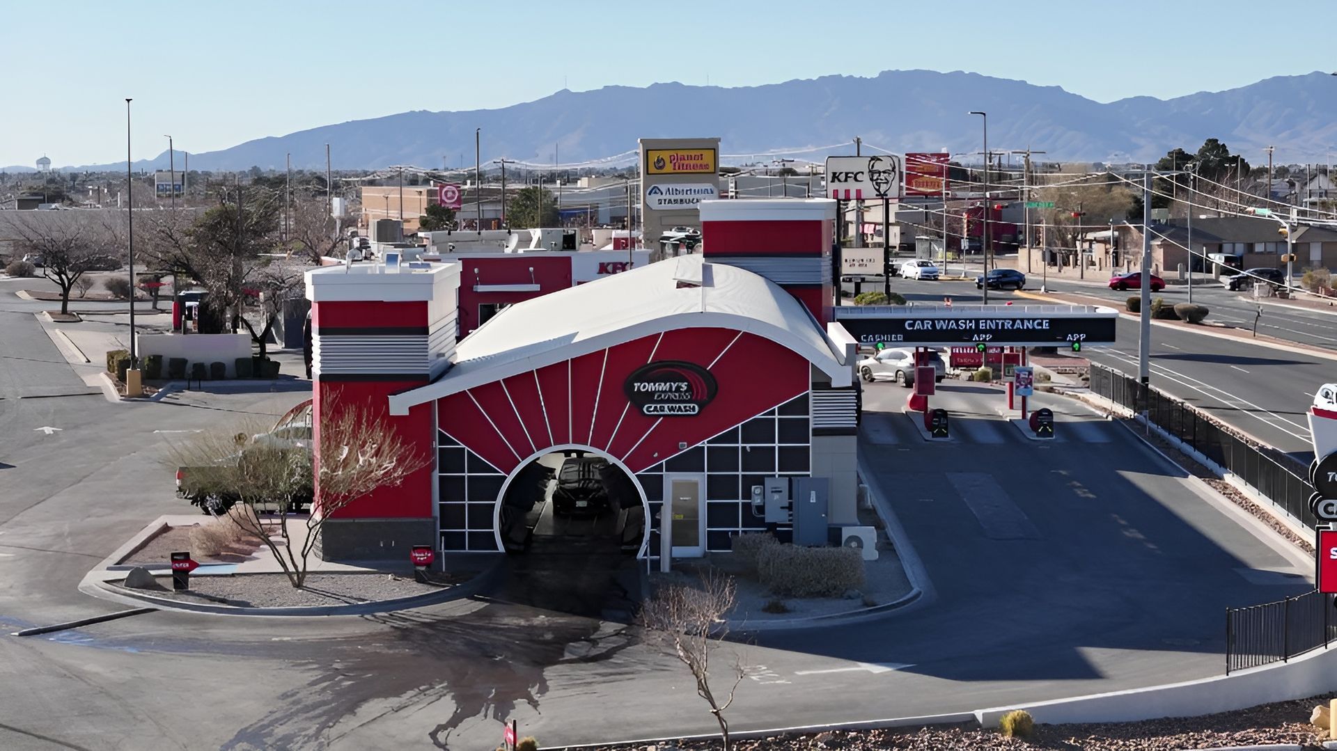 Aerial view of Tommy's Express Car Wash in El Paso, captured by From Above Droneworks