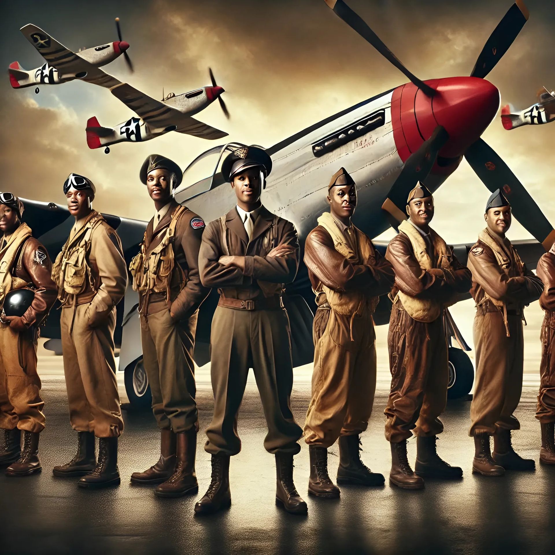 Tuskegee Airmen stand in front of a red-tailed P-51 Mustang, honoring their impact on aviation history.